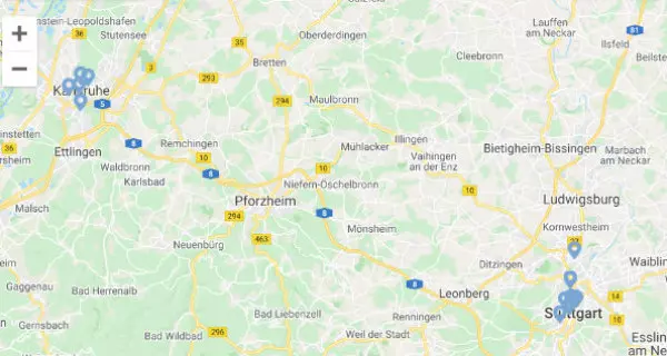 Auszug aus der Karte Baden-Württembergs mit Kennzeichnung der Bauhaus-Bauten Auszug aus der Karte Baden-Württembergs mit Kennzeichnung der Bauhaus-Bauten